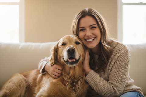 pet with owner happy with nutral colored background